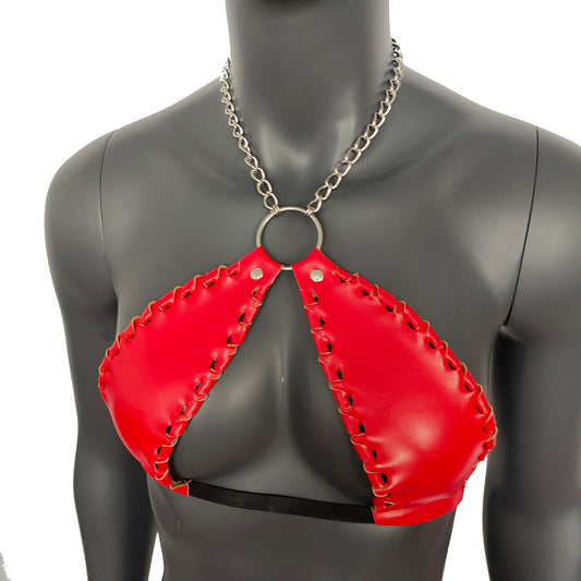 Gothic Red Vinyl Vampira Cross Top Bra with Chain