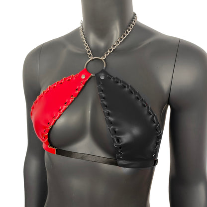 Gothic Red & Black Vinyl Vampira Cross Top Bra with Chain