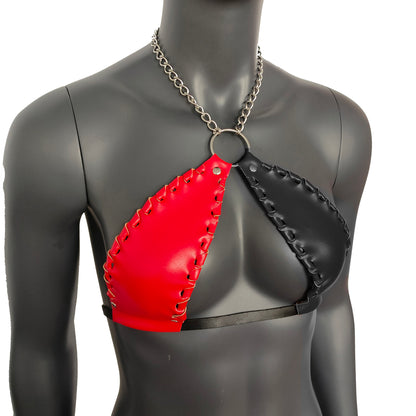 Gothic Red & Black Vinyl Vampira Cross Top Bra with Chain