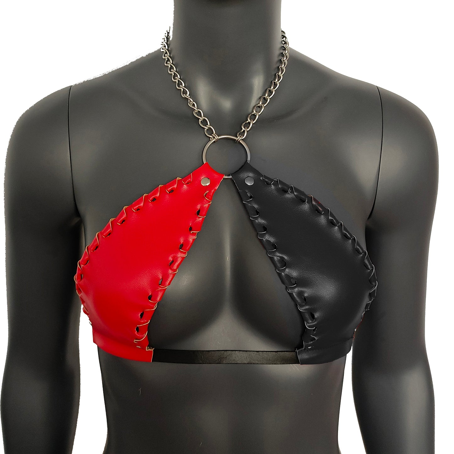 Gothic Red & Black Vinyl Vampira Cross Top Bra with Chain