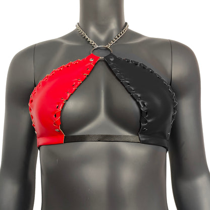 Gothic Red & Black Vinyl Vampira Cross Top Bra with Chain