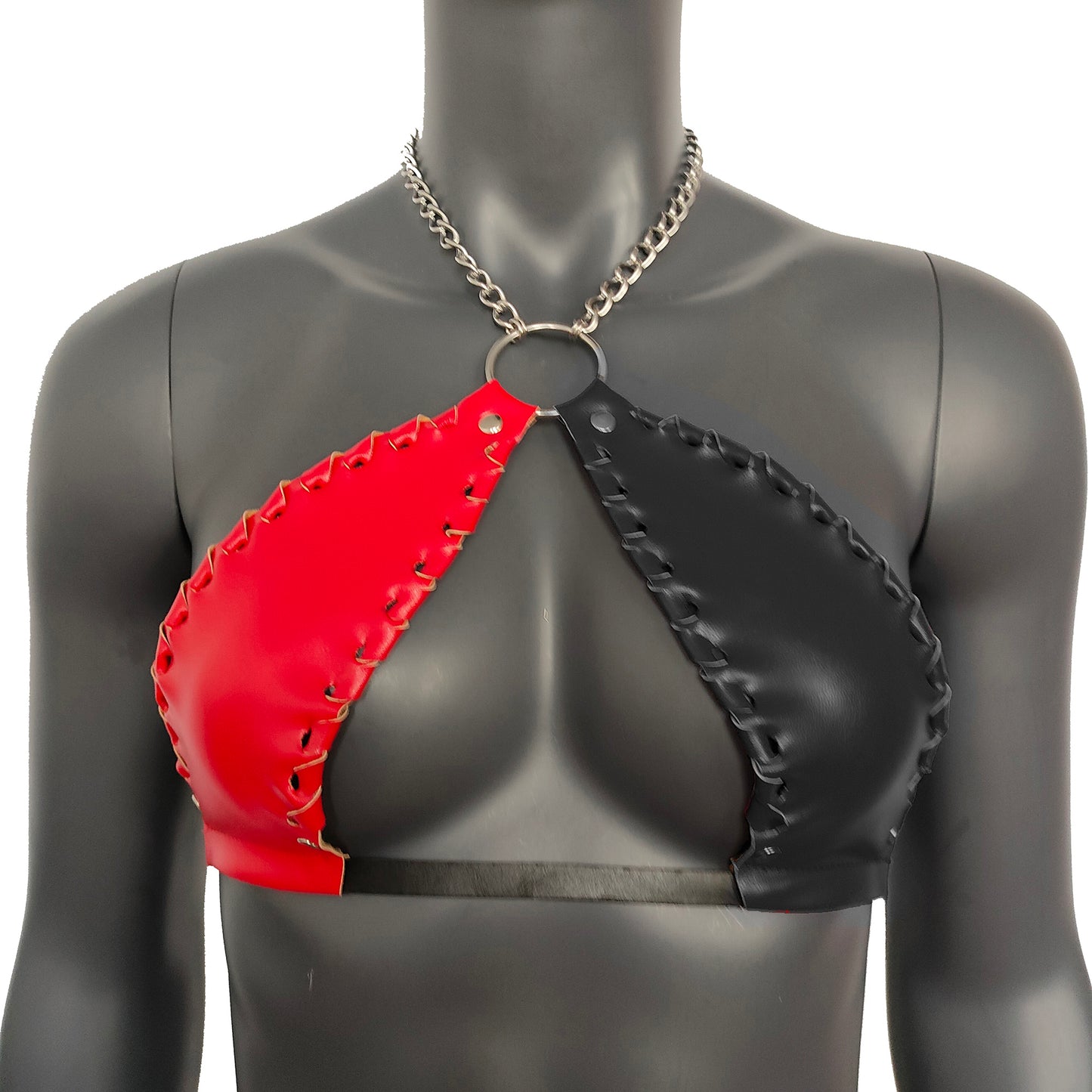 Gothic Red & Black Vinyl Vampira Cross Top Bra with Chain