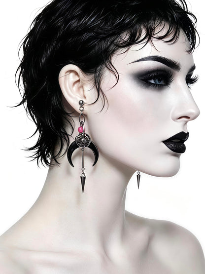 Handmade Cyber Goth Long Dangle Earrings, Stainless Steel Moon Spike Earrings, Red Glass Bead Gothic Punk Statement Earrings, Original Unique Design
