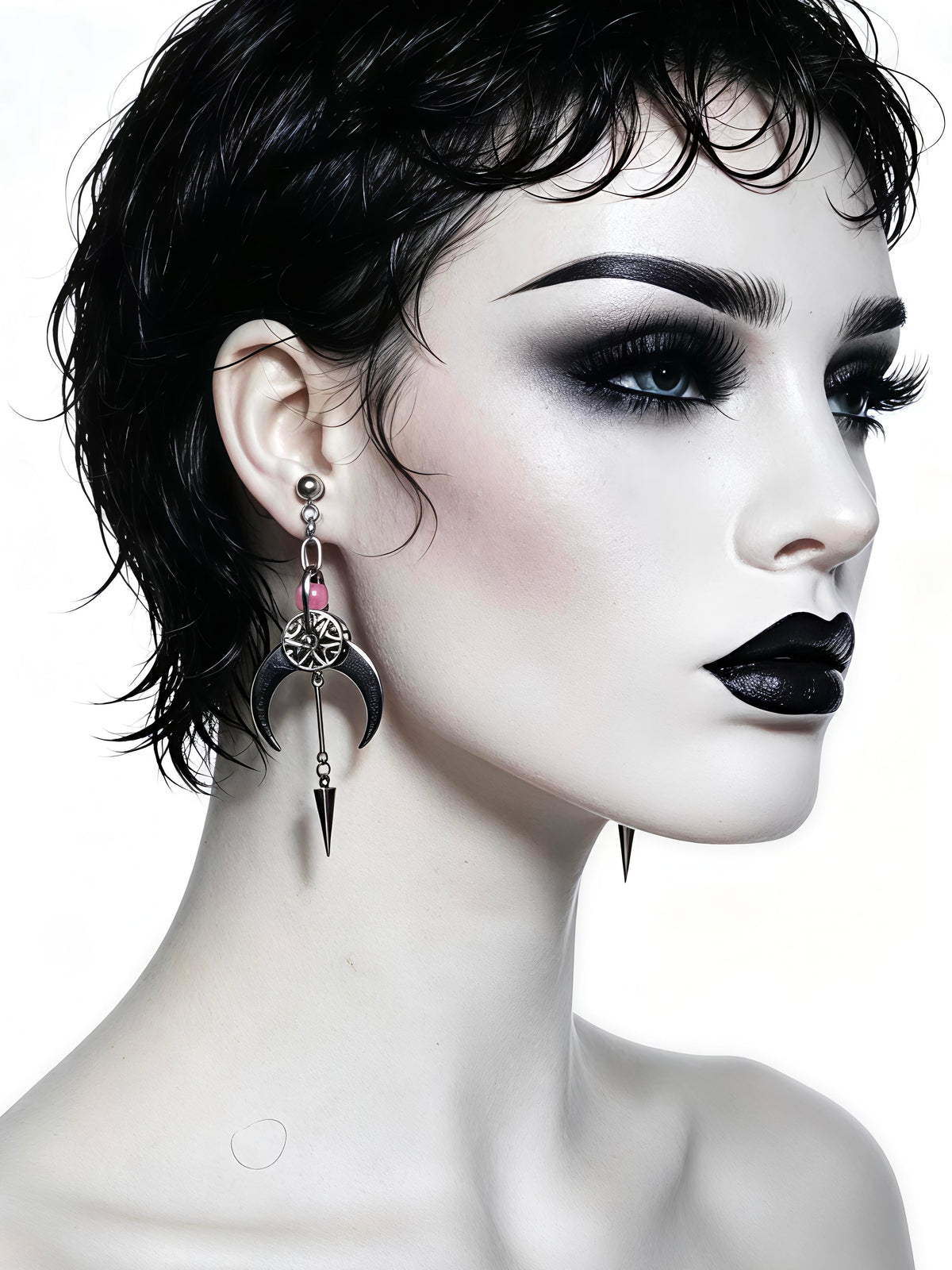 Handmade Cyber Goth Long Dangle Earrings, Stainless Steel Moon Spike Earrings, Red Glass Bead Gothic Punk Statement Earrings, Original Unique Design