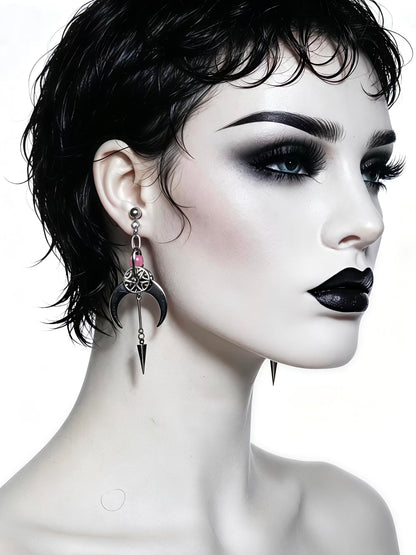 Handmade Cyber Goth Long Dangle Earrings, Stainless Steel Moon Spike Earrings, Red Glass Bead Gothic Punk Statement Earrings, Original Unique Design