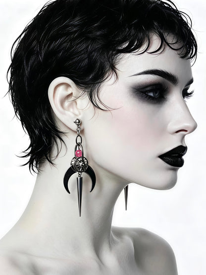 Handmade Cyber Goth Long Dangle Earrings, Stainless Steel Moon Spike Earrings, Watermelon Red Glass Bead Punk Statement Earrings, Original Alt Jewelry