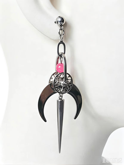 Handmade Cyber Goth Long Dangle Earrings, Stainless Steel Moon Spike Earrings, Watermelon Red Glass Bead Punk Statement Earrings, Original Alt Jewelry