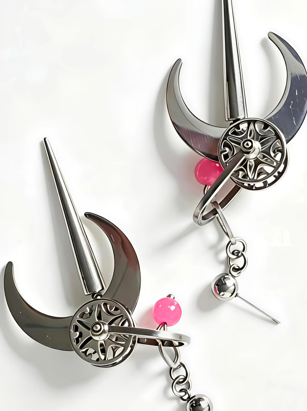Handmade Cyber Goth Long Dangle Earrings, Stainless Steel Moon Spike Earrings, Watermelon Red Glass Bead Punk Statement Earrings, Original Alt Jewelry