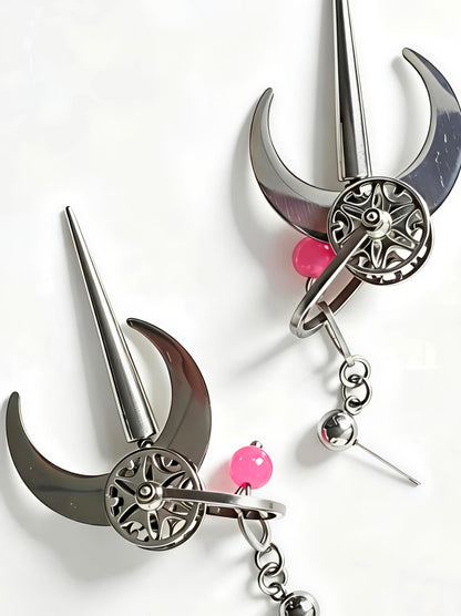 Handmade Cyber Goth Long Dangle Earrings, Stainless Steel Moon Spike Earrings, Watermelon Red Glass Bead Punk Statement Earrings, Original Alt Jewelry