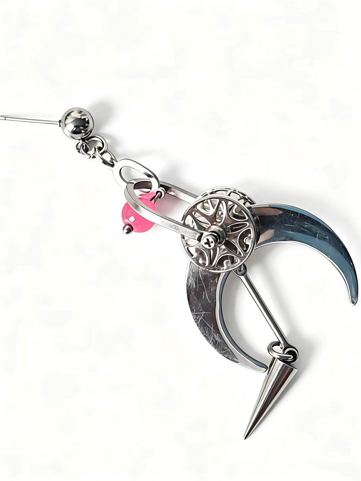 Handmade Cyber Goth Long Dangle Earrings, Stainless Steel Moon Spike Earrings, Red Glass Bead Gothic Punk Statement Earrings, Original Unique Design