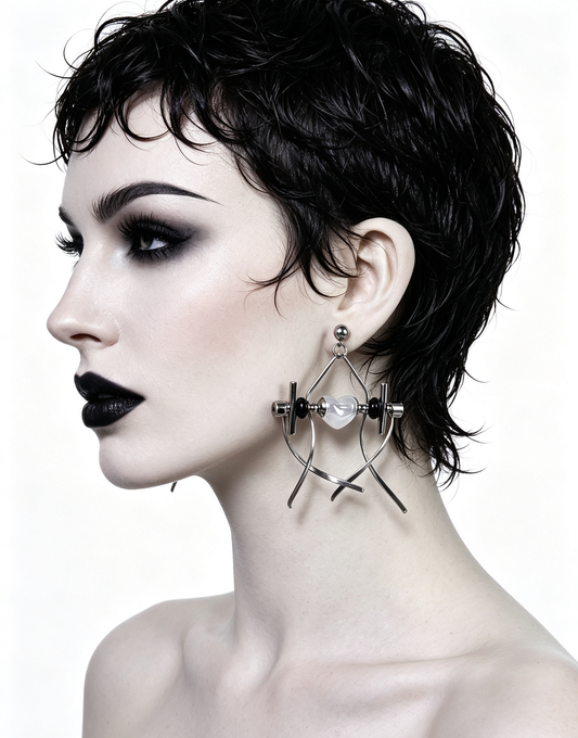 Punk Handmade Stainless Steel Earring, Jelly White Heart Bead Gothic Dangle Drop Earring Jewelry