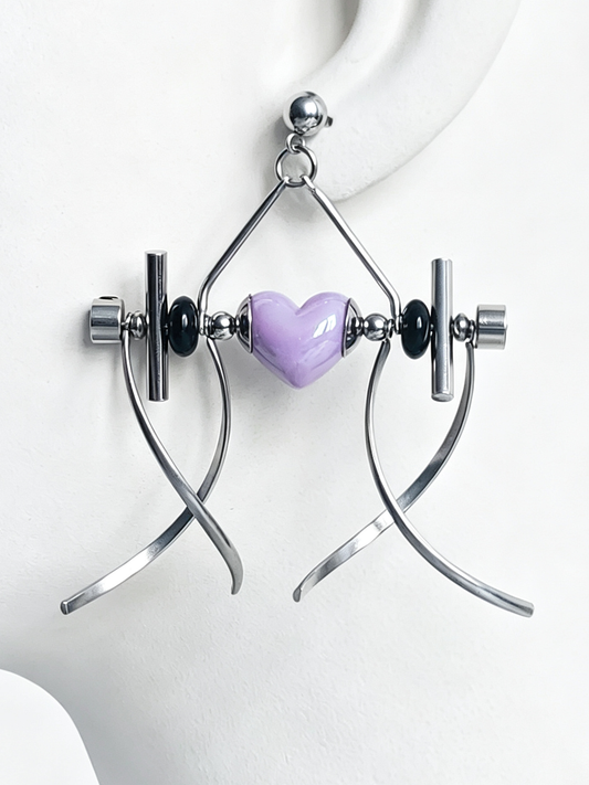 Punk Handmade Stainless Steel Earring, Purple Heart UV Bead Gothic Dangle Drop Earring Jewelry for Man