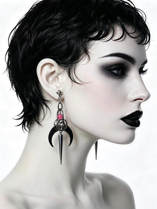 Handmade Cyber Goth Long Dangle Earrings, Stainless Steel Moon Spike Earrings, Watermelon Red Glass Bead Punk Statement Earrings, Original Alt Jewelry