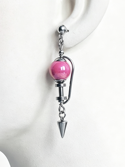 Handmade Stainless Steel Dangle Earring, Hot‑Pink Round Bead Spiked Punk Gothic Drop Earring Jewelry for man