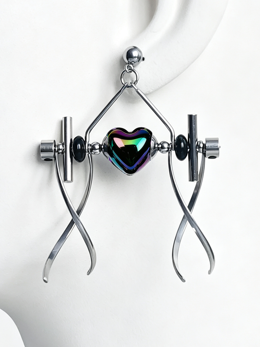 Punk Handmade Stainless Steel Earring, Holographic Rainbow Black Heart UV Bead Gothic Dangle Drop Earring Jewelry for man