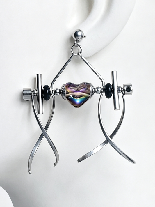 Punk Handmade Stainless Steel Earring, Holographic Transparent gray Heart Bead Gothic Dangle Drop Earring Jewelry for man