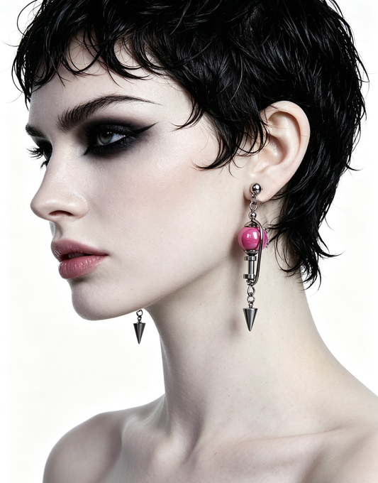 Handmade Stainless Steel Dangle Earring, Hot‑Pink Round Bead Spiked Punk Gothic Drop Earring Jewelry