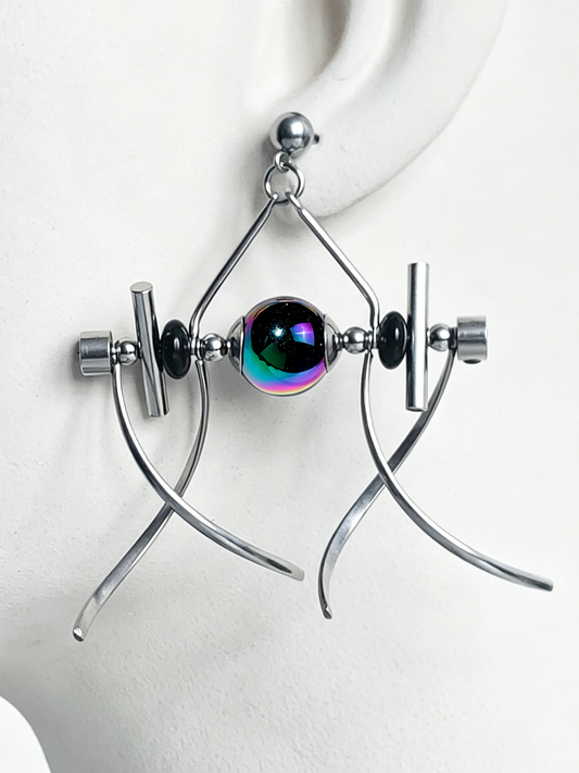 Handmade Stainless Steel Dangle Earring, Rainbow‑Holographic Black Round Bead Punk Gothic Drop Earring Jewelry for man
