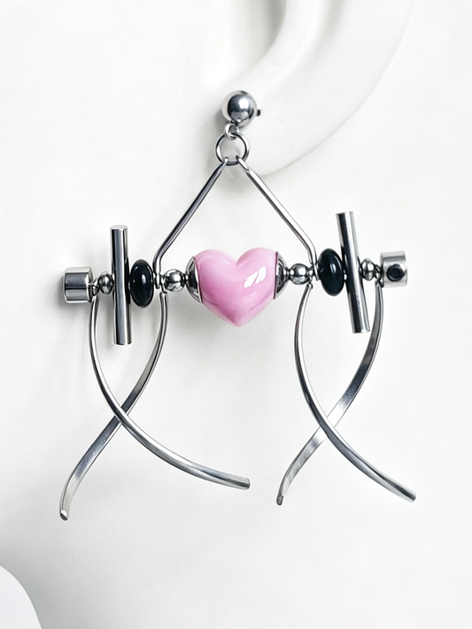 Punk Handmade Stainless Steel Earring, Light Pink Heart UV Bead Gothic Dangle Drop Earring Jewelry for Man