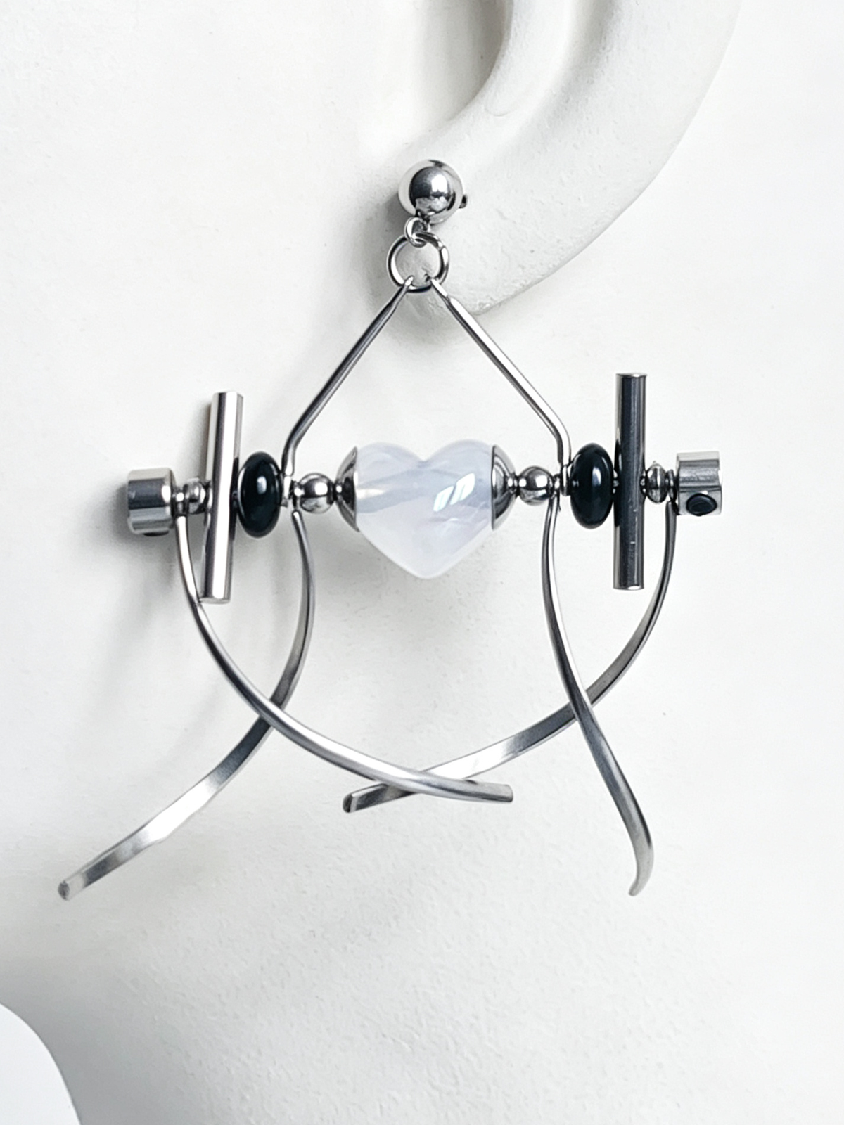 Punk Handmade Stainless Steel Earring, Jelly White Heart Bead Gothic Dangle Drop Earring Jewelry for man