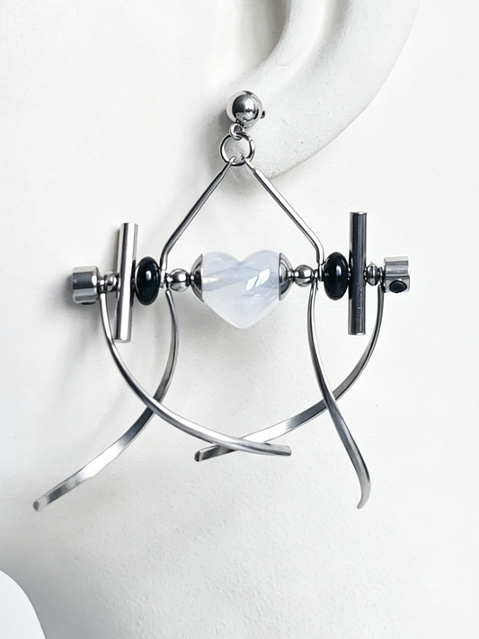 Punk Handmade Stainless Steel Earring, Jelly White Heart Bead Gothic Dangle Drop Earring Jewelry for man