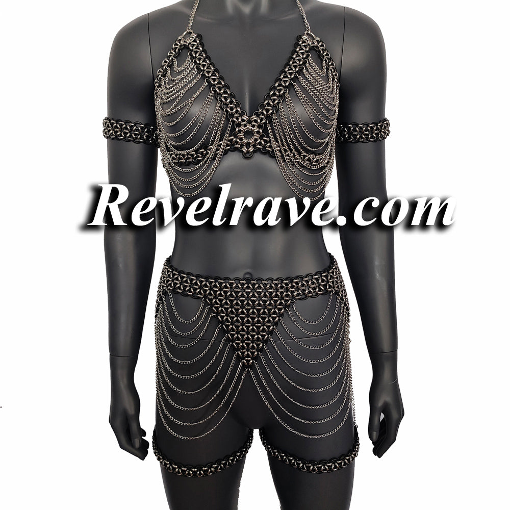 Burning Man Rave Harness Bra Skirt Full Set Custom Made Silver, Woman Harness Fetish Gear Chainmail