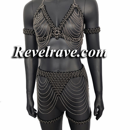 Burning Man Rave Harness Bra Skirt Full Set Custom Made Silver, Woman Harness Fetish Gear Chainmail