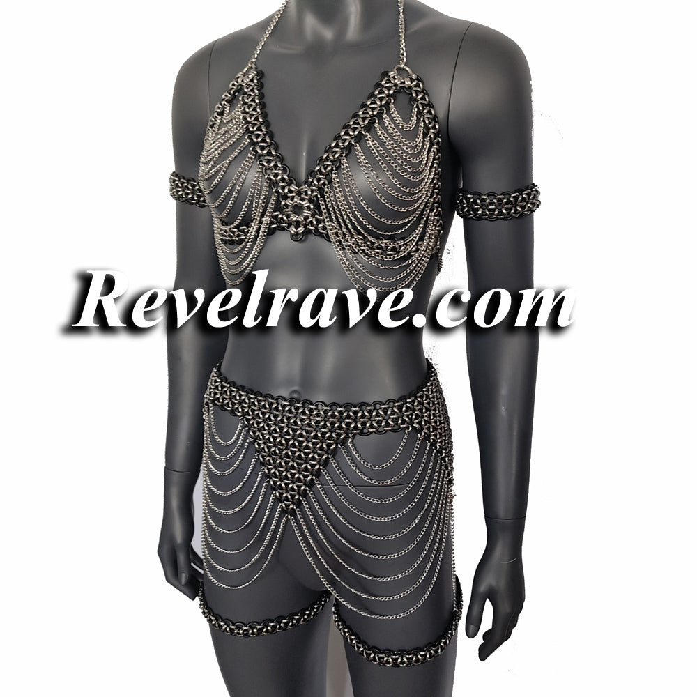 Burning Man Rave Harness Bra Skirt Full Set Custom Made Silver, Woman Harness Fetish Gear Chainmail