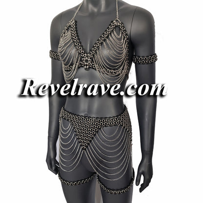 Burning Man Rave Harness Bra Skirt Full Set Custom Made Silver, Woman Harness Fetish Gear Chainmail