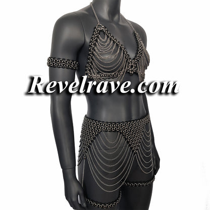 Burning Man Rave Harness Bra Skirt Full Set Custom Made Silver, Woman Harness Fetish Gear Chainmail