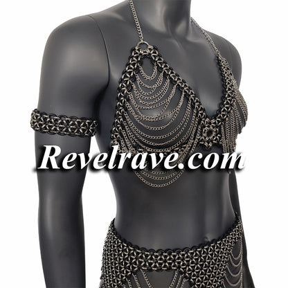 Burning Man Rave Harness Bra Skirt Full Set Custom Made Silver, Woman Harness Fetish Gear Chainmail