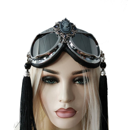 Rave Streampunk Burning Man Festival Beauty Head Black Tassel Cyber Goth Masquerade Costume Goggles