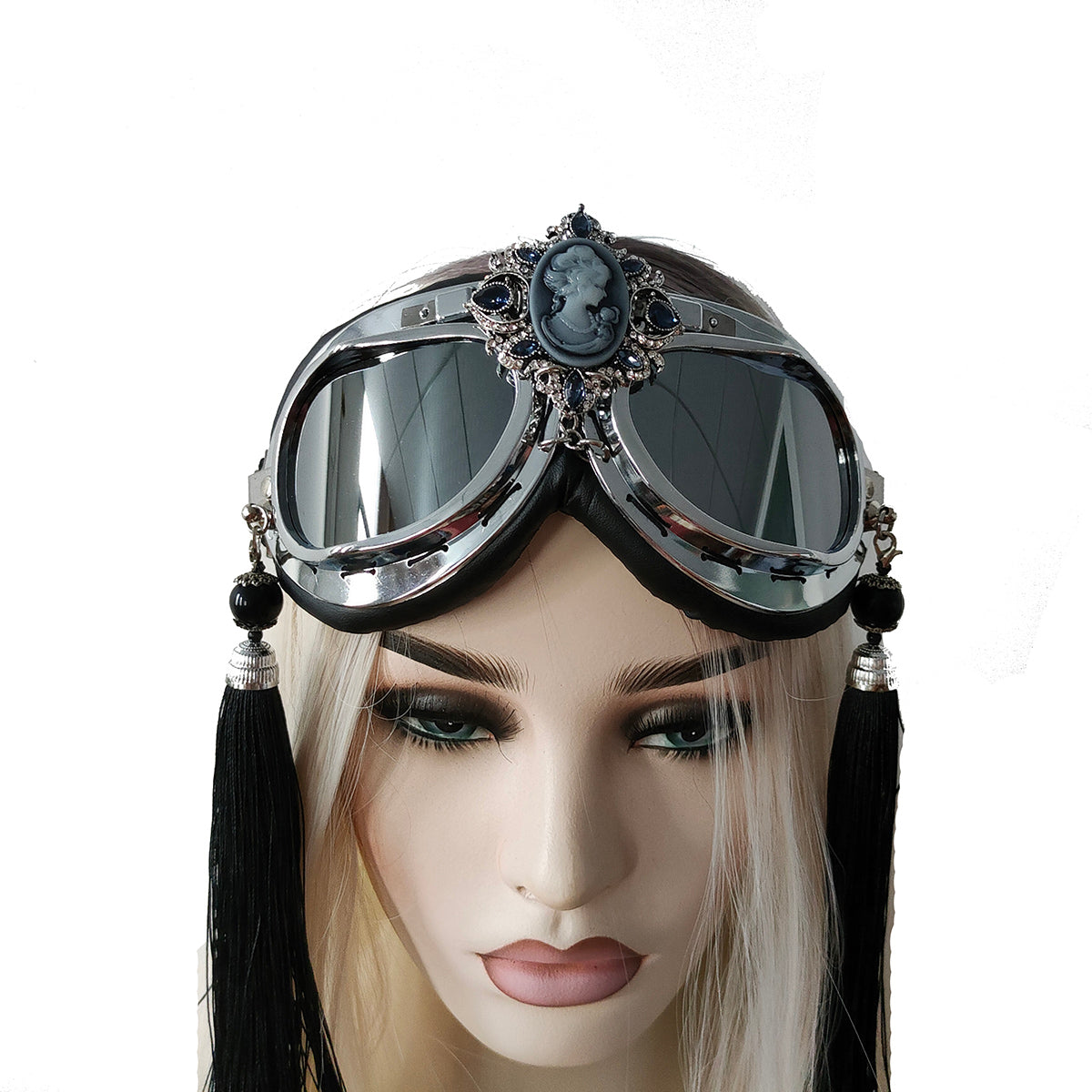 Rave Streampunk Burning Man Festival Beauty Head Black Tassel Cyber Goth Masquerade Costume Goggles