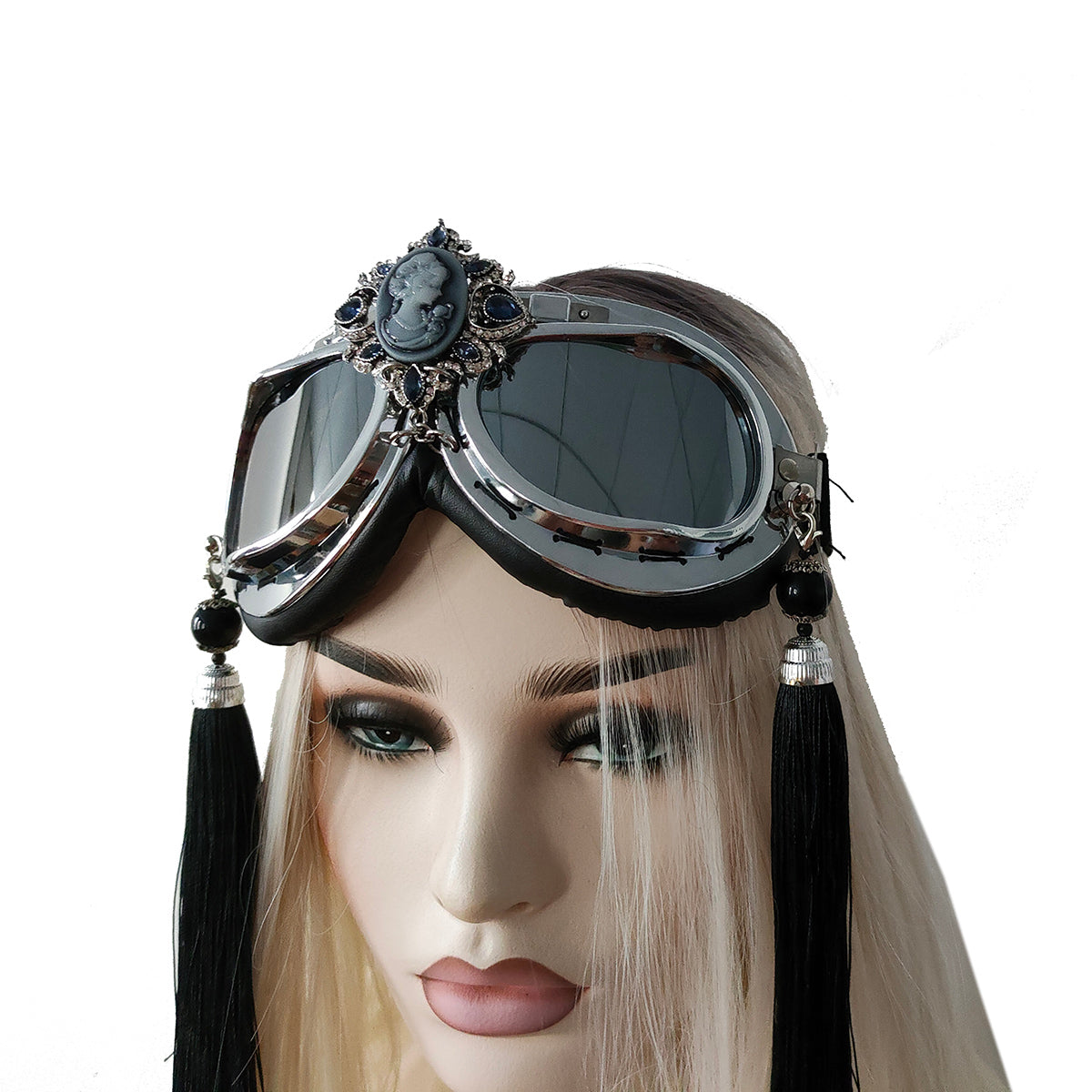 Rave Streampunk Burning Man Festival Beauty Head Black Tassel Cyber Goth Masquerade Costume Goggles