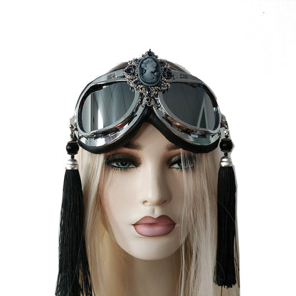 Rave Streampunk Burning Man Festival Beauty Head Black Tassel Cyber Goth Masquerade Costume Goggles