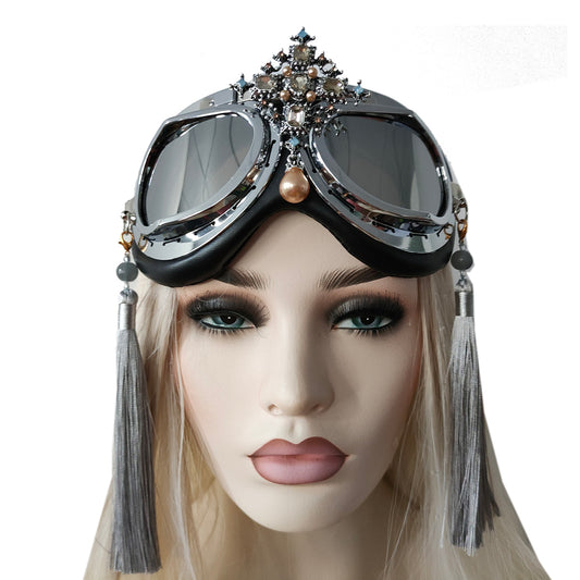 Rave Streampunk Burning Man Festival Baroque Cross Silver Tassel Cyber Goth Masquerade Costume Goggles