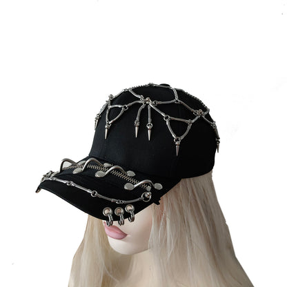 Rock Black Studded Cap with Zipper - Chain Cap - Gothic Baseball Cap - Edgy Streetwear - Trucker Cap - Punk Style Hat