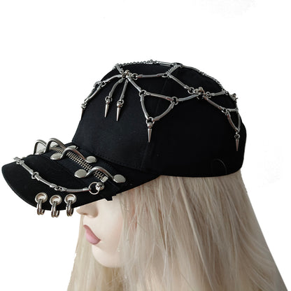 Rock Black Studded Cap with Zipper - Chain Cap - Gothic Baseball Cap - Edgy Streetwear - Trucker Cap - Punk Style Hat