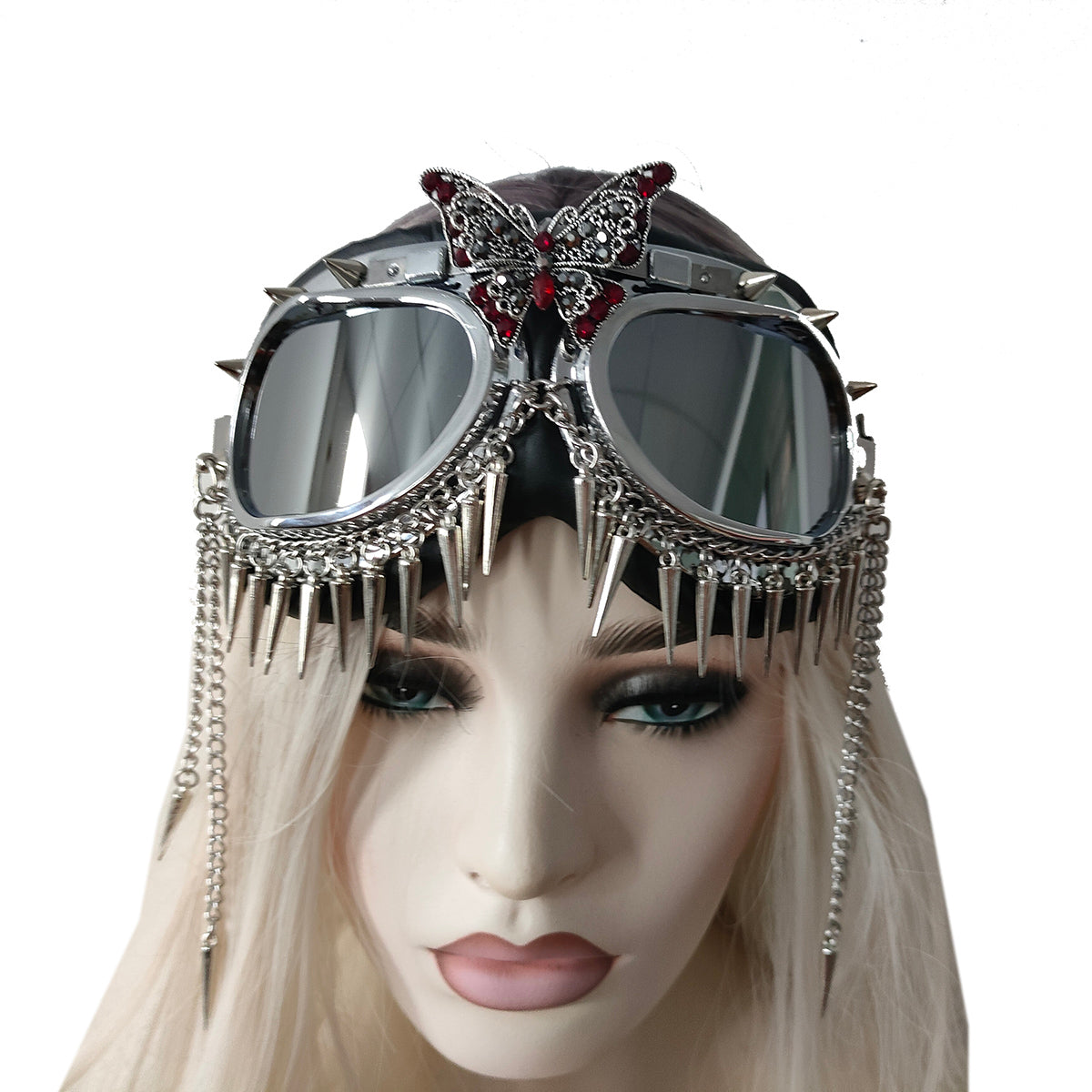 Rave Streampunk Burning Man Festival Rhinestone Butterfly Spikes Cyber Goth Masquerade Costume Goggles