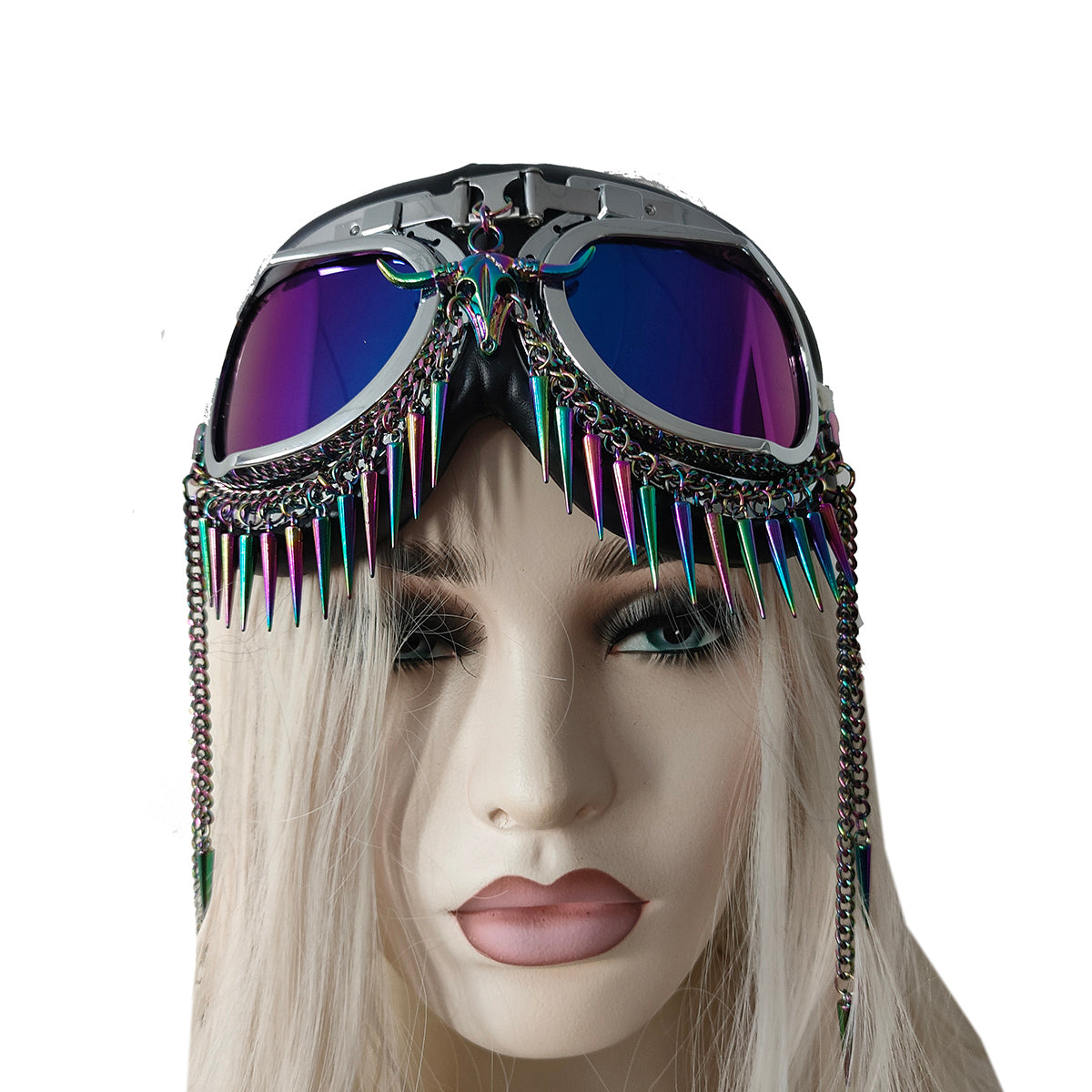 Rave Streampunk Burning Man Holographic Festival Skull Bull Head Spike Costume Cyber Goth Masquerade Goggles