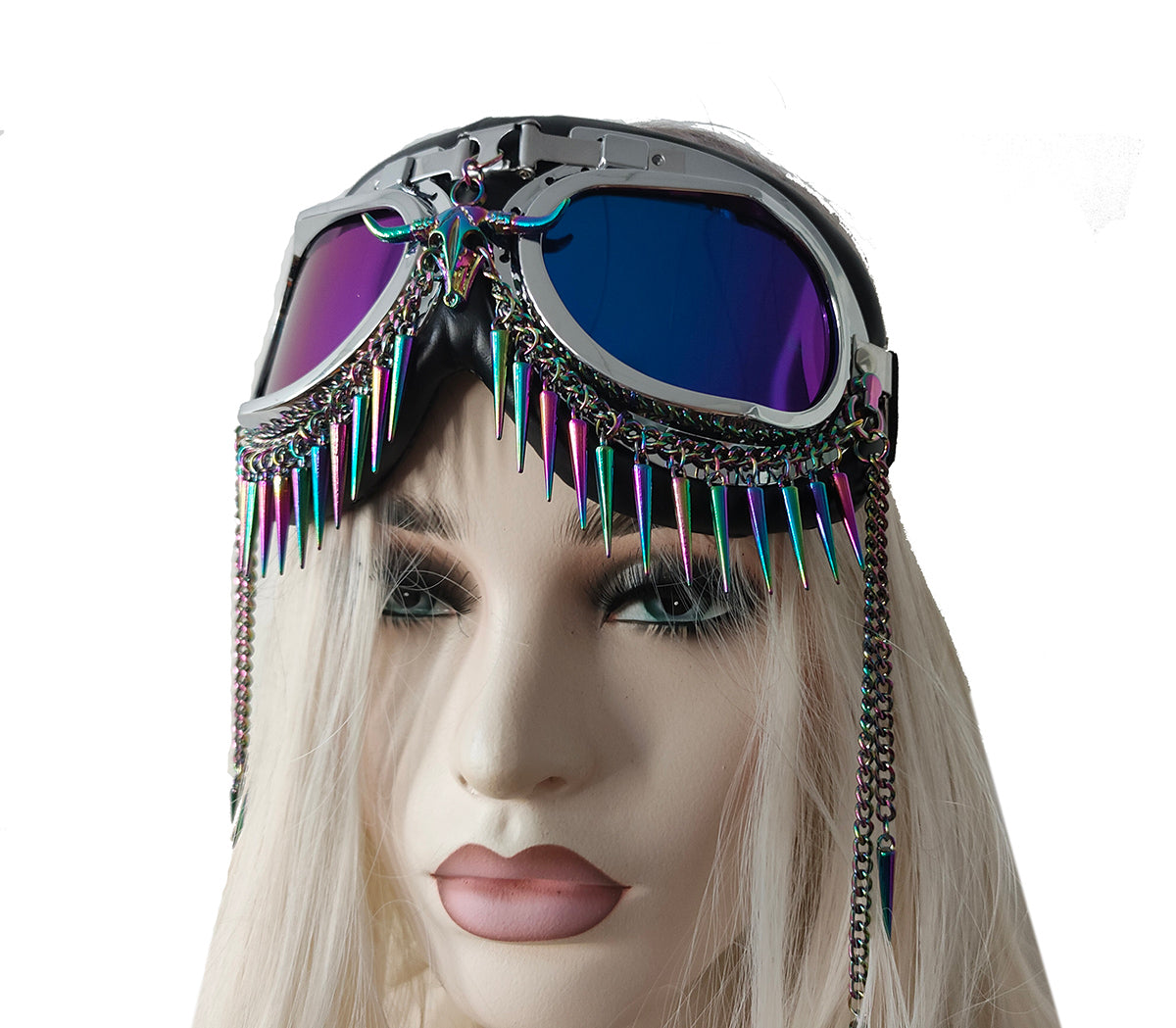 Rave Streampunk Burning Man Holographic Festival Skull Bull Head Spike Costume Cyber Goth Masquerade Goggles