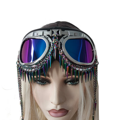 Lunettes Rave Streampunk, lunettes de festival holographique Burning Man, lunettes de costume de pointe de tête d’oiseau de crâne de chaîne, lunettes de mascarade Cyber ​​Goth 