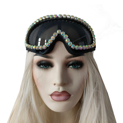 Rave Streampunk Burning Man Festival Holographic Rhinestone Cyber Goth Masquerade Costume Goggles