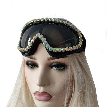 Rave Streampunk Burning Man Festival Holographic Rhinestone Cyber Goth Masquerade Costume Goggles