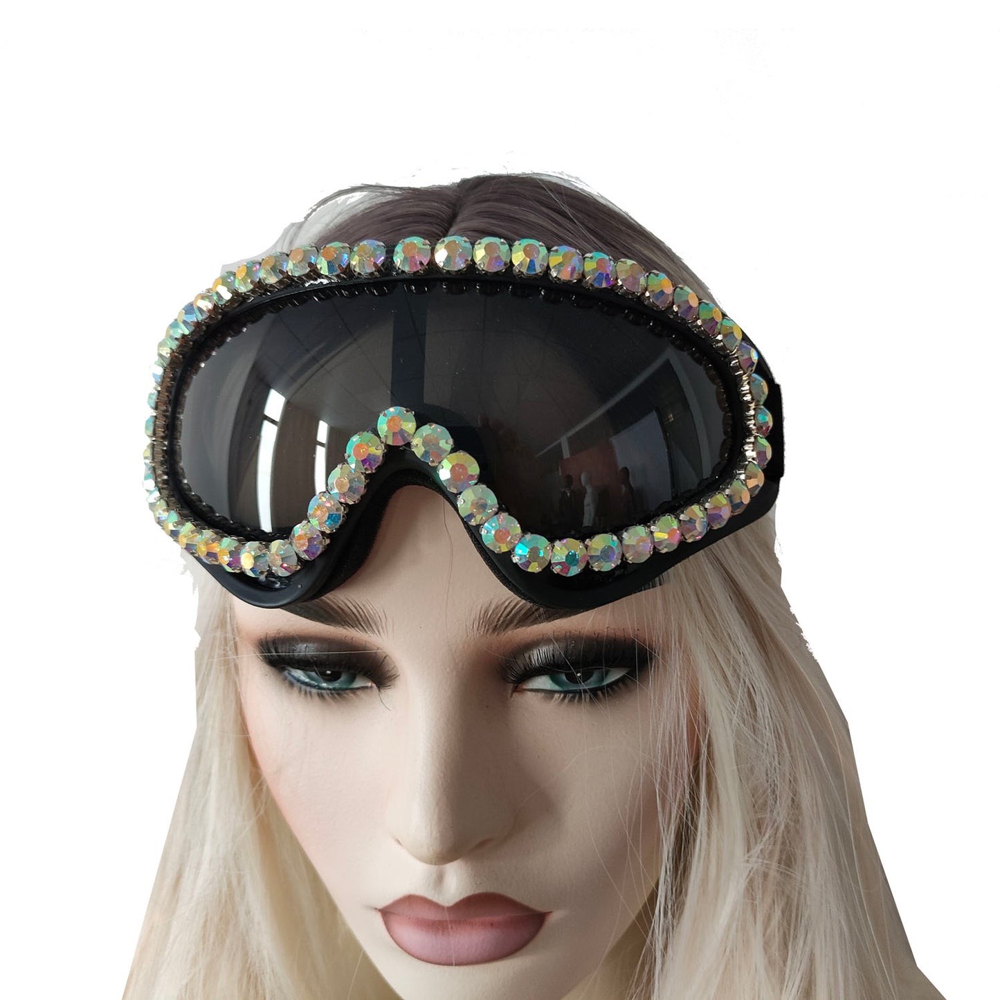 Rave Streampunk Burning Man Festival Holographic Rhinestone Cyber Goth Masquerade Costume Goggles