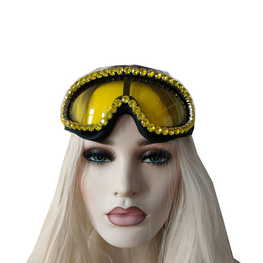 Rave Streampunk Burning Man Festival Gold Rhinestone Yellow Cyber Goth Masquerade Costume Goggles