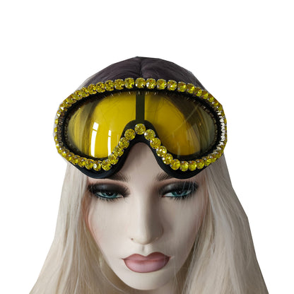 Rave Streampunk Burning Man Festival Gold Rhinestone Yellow Cyber Goth Masquerade Costume Goggles