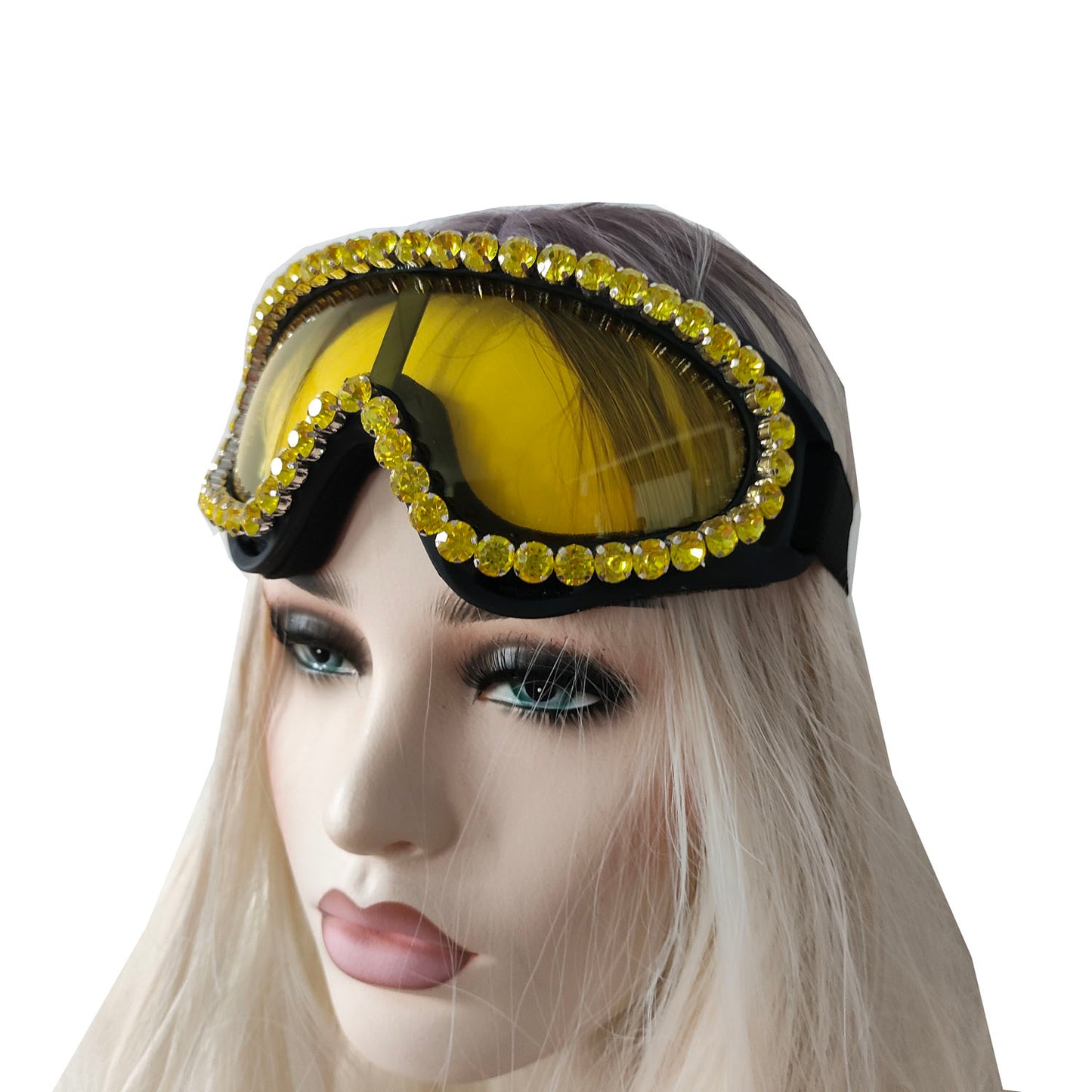 Rave Streampunk Burning Man Festival Gold Rhinestone Yellow Cyber Goth Masquerade Costume Goggles