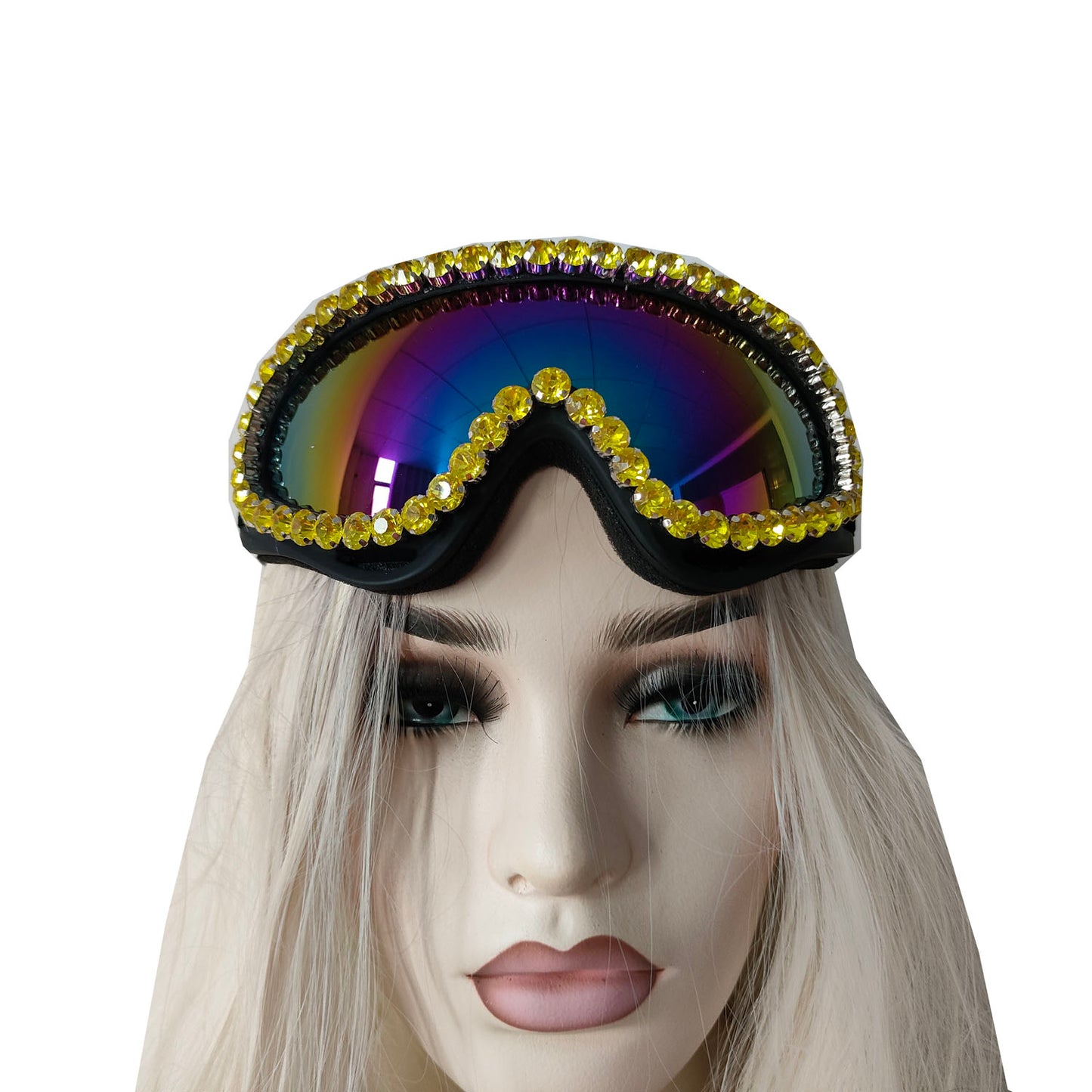 Rave Streampunk Burning Man Festival Gold Rhinestone Holographic Cyber Goth Masquerade Costume Goggles