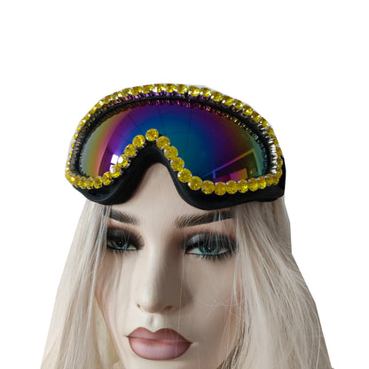 Rave Streampunk Burning Man Festival Gold Rhinestone Holographic Cyber Goth Masquerade Costume Goggles